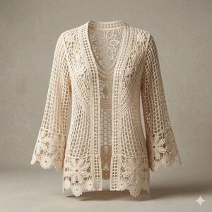 Boho Cream Crochet Lace Kimono Cardigan – Floral Filigree Open Front Shrug